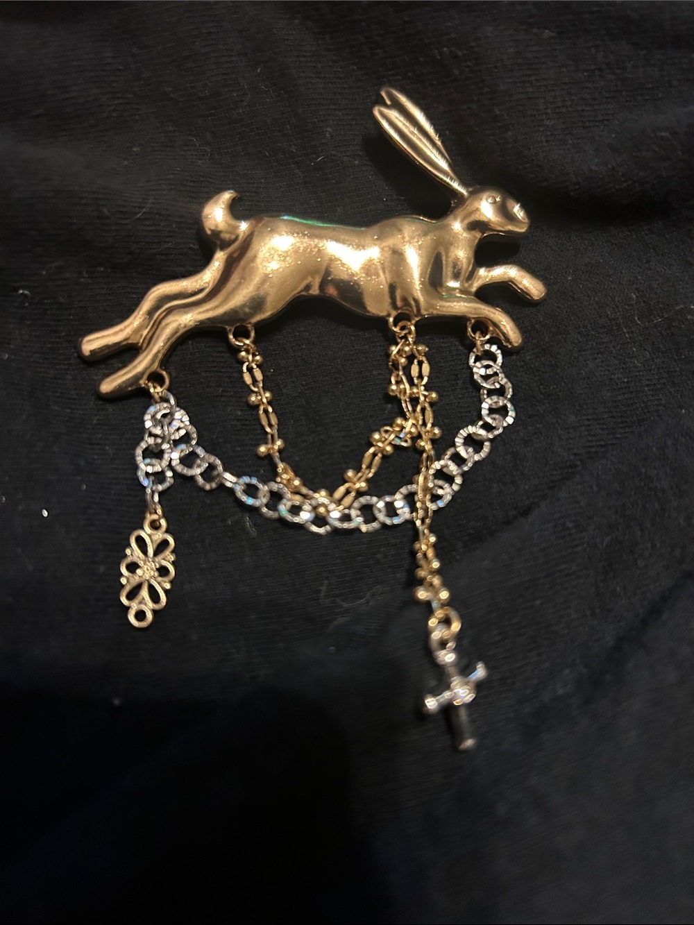 Source Unknown Gold and Silver Rabbit Brooch with Dangling Chains